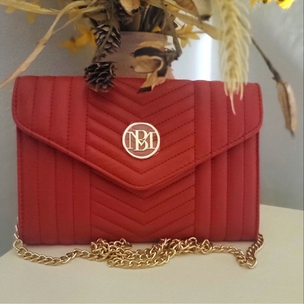 Badgley Mischka Red and Gold Clutch with Quilted Design